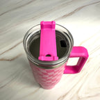 Stylish Checker 40oz Water Cup with Handle & Straw | Pink & Black