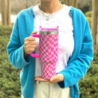 Stylish Checker 40oz Water Cup with Handle & Straw | Pink & Black
