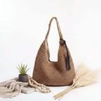 Woven Straw Beach Bag | Large Capacity Shoulder Tote | Hadi Craft