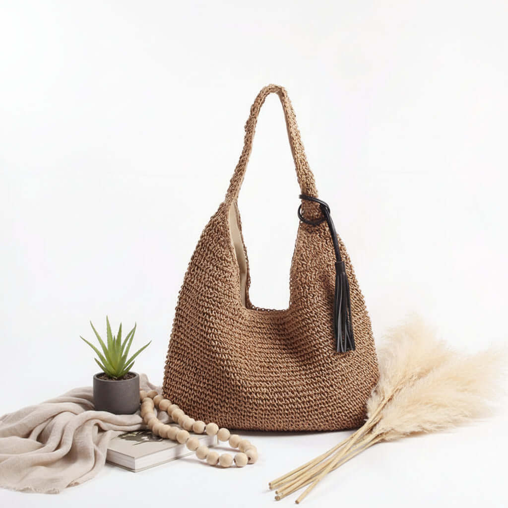 Woven Straw Beach Bag | Large Capacity Shoulder Tote | Hadi Craft