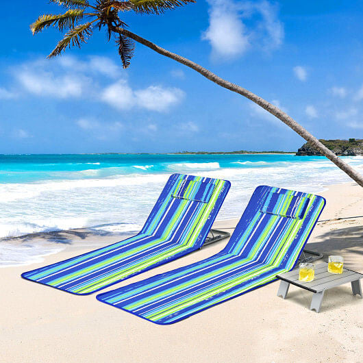 3 Pieces Beach Lounge Chair Mat Set 2 Adjustable Lounge Chairs with Table Stripe-Stripe-2