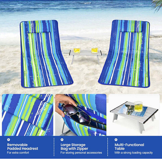 3 Pieces Beach Lounge Chair Mat Set 2 Adjustable Lounge Chairs with Table Stripe-Stripe-4