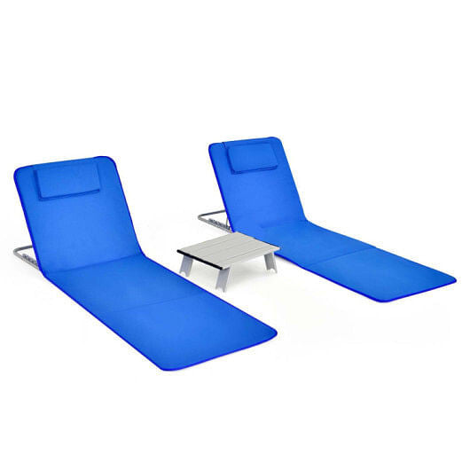 3 Pieces Beach Lounge Chair Mat Set 2 Adjustable Lounge Chairs with Table Stripe-Stripe-1