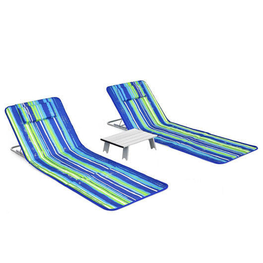 3 Pieces Beach Lounge Chair Mat Set 2 Adjustable Lounge Chairs with Table Stripe-Stripe-0