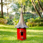 Outdoor Red Metal Bird House with Vintage Bronze Phonograph Style Roof-2