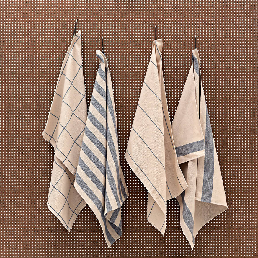 Farmhouse Kitchen Towel Set of 4 – 100% Upcycled Cotton, Natural & Denim