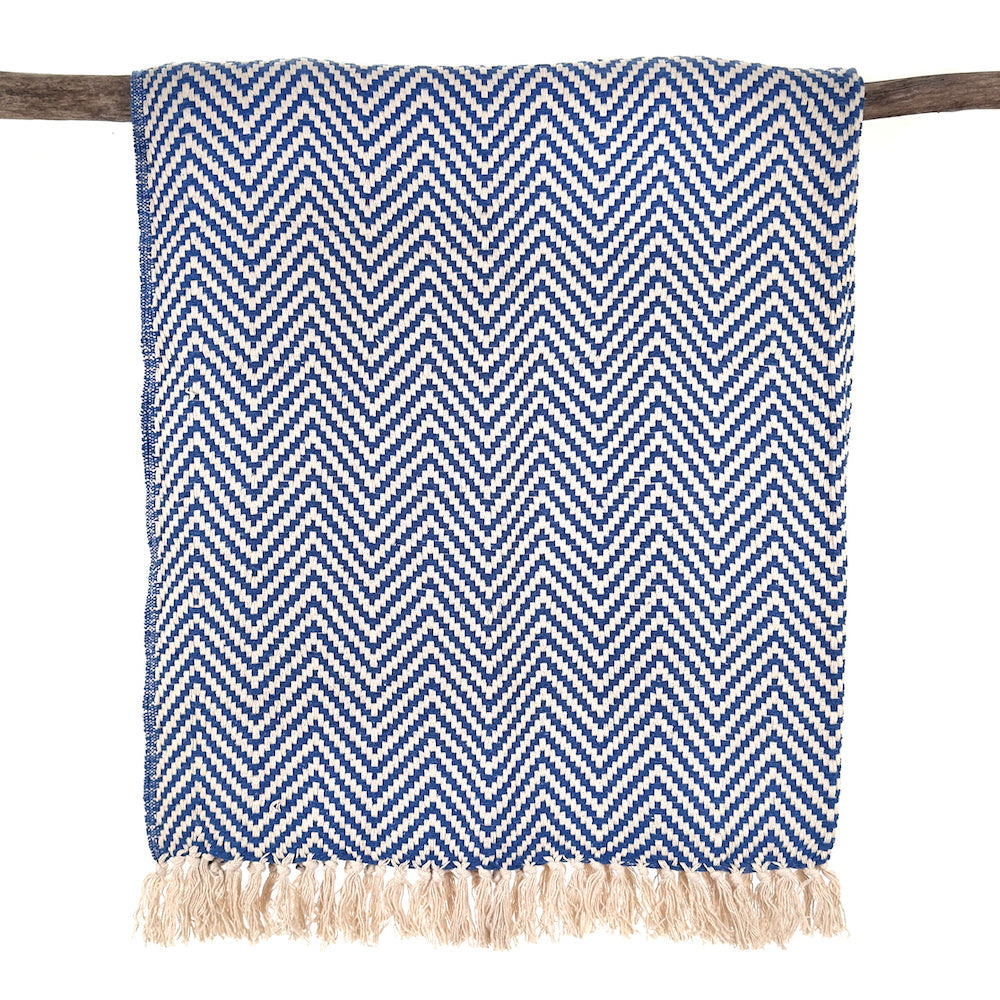 Cara Cotton Throw Blanket with Fringe – Blue | Handmade by The Nascent, 50"x70"