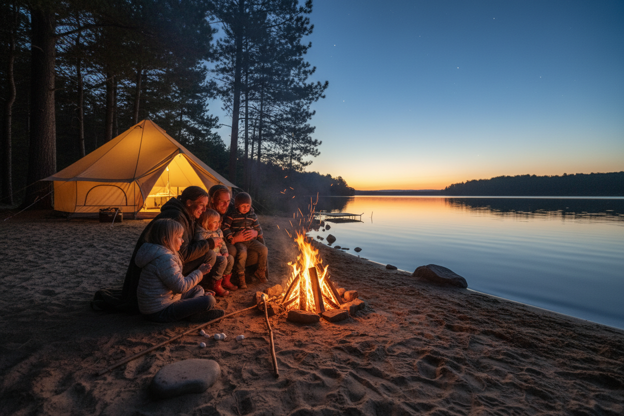 Family Campfire After Sunset