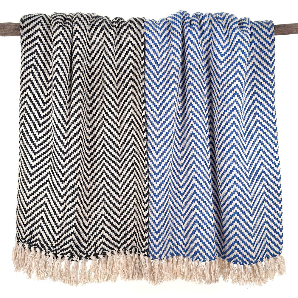 Cara Cotton Throw Blanket with Fringe – Blue | Handmade by The Nascent, 50"x70"