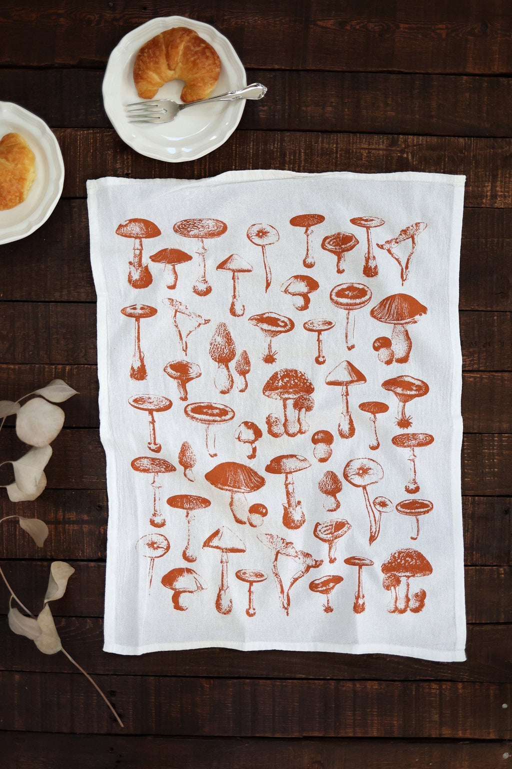 Mushroom Pattern Tea Towel – Watercolor Print, Cotton | Made in USA by Highland Ridge Decor