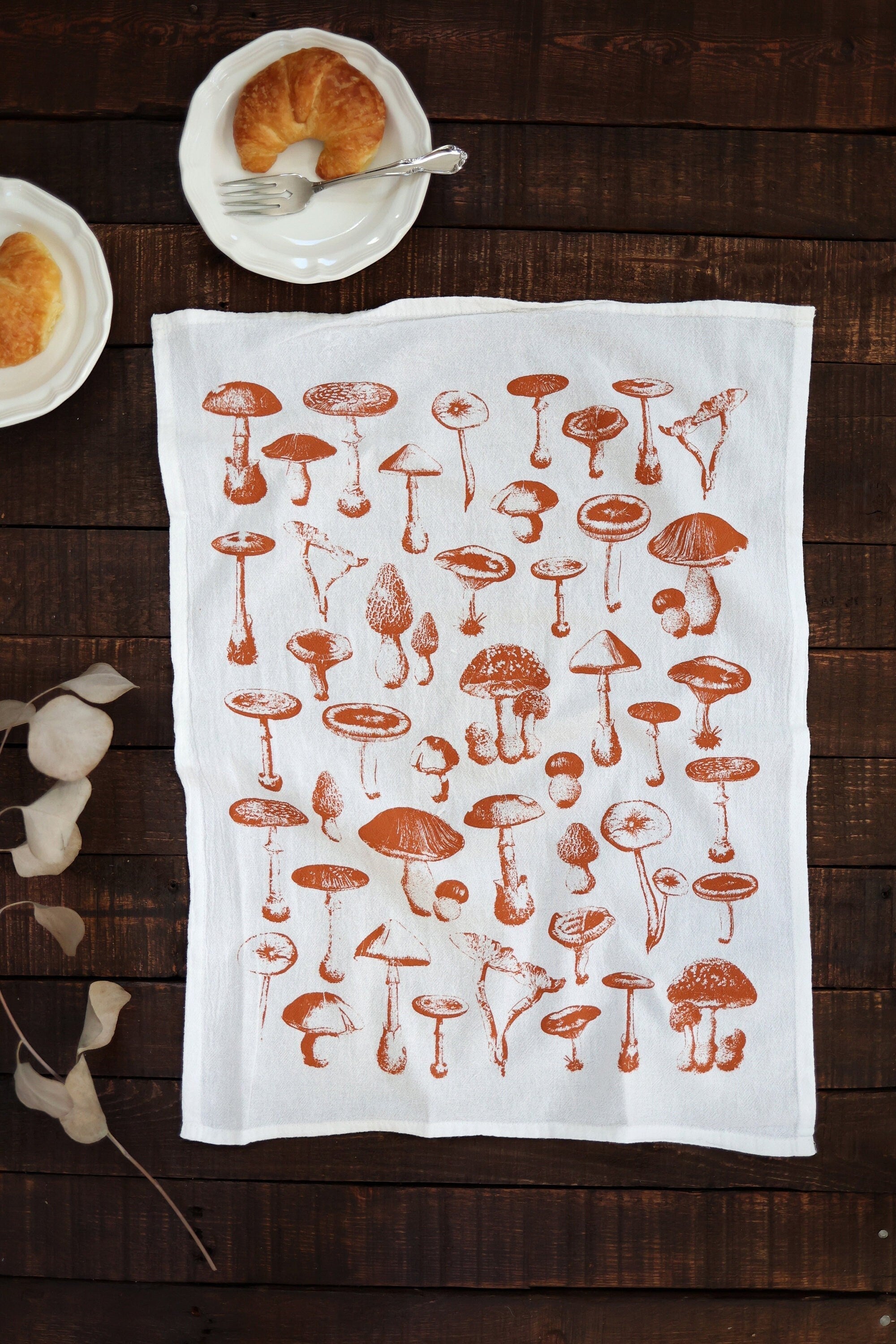 Mushroom Pattern Tea Towel – Watercolor Print, Cotton | Made in USA by Highland Ridge Decor