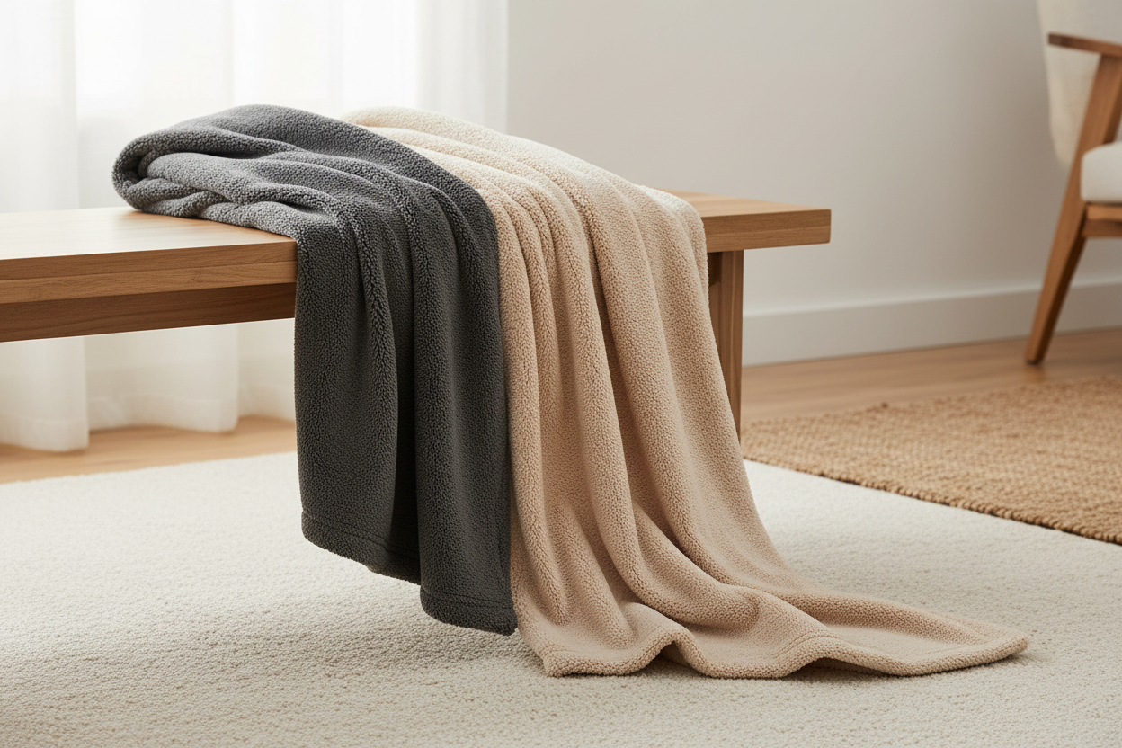 Soft sherpa throw blanket draped over a wooden bench in warm cozy interior