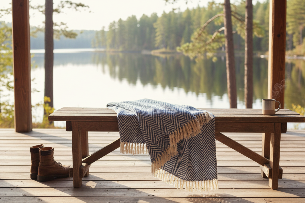 Blue chevron cotton throw blanket with cream fringe draped over a wooden bench by a lake