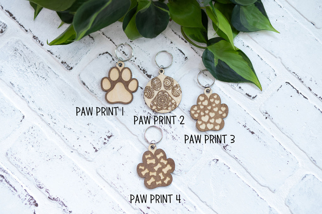 Paw Print Keychain, Wooden Pet Keychain, Paw Print with Hearts and Bones, Mandala Paw Print