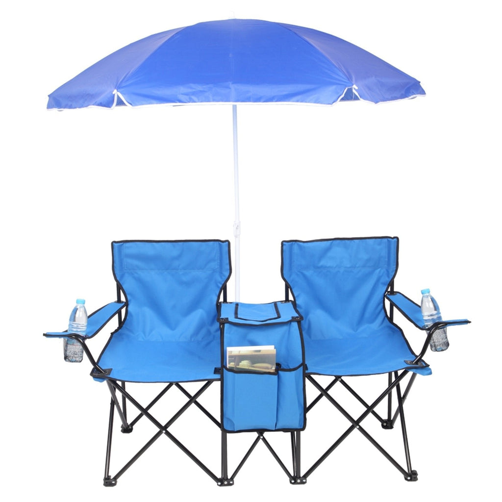 2-Seat Outdoor Folding Chair with Removable Sun Umbrella | Portable Camping Chair