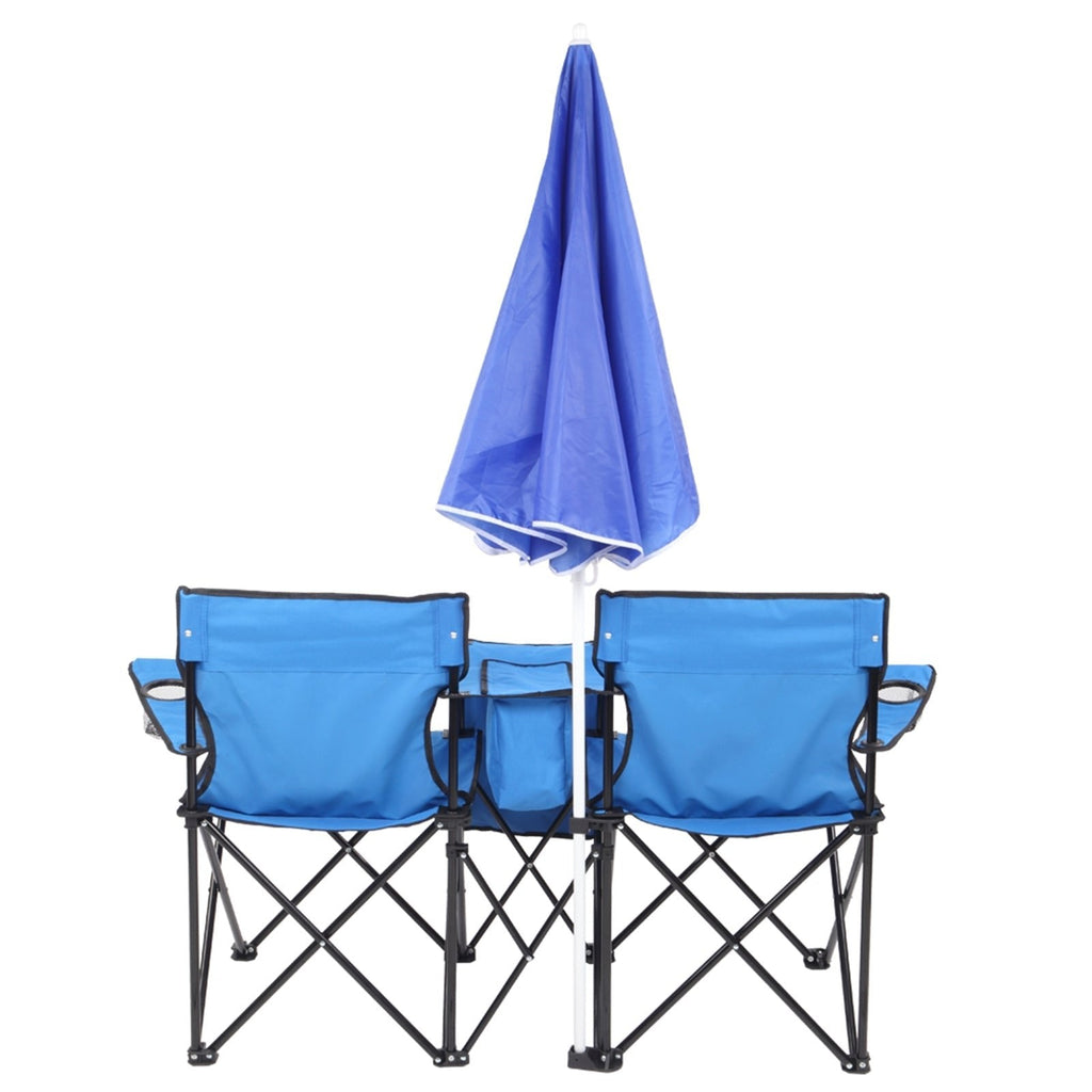 2-Seat Outdoor Folding Chair with Removable Sun Umbrella | Portable Camping Chair
