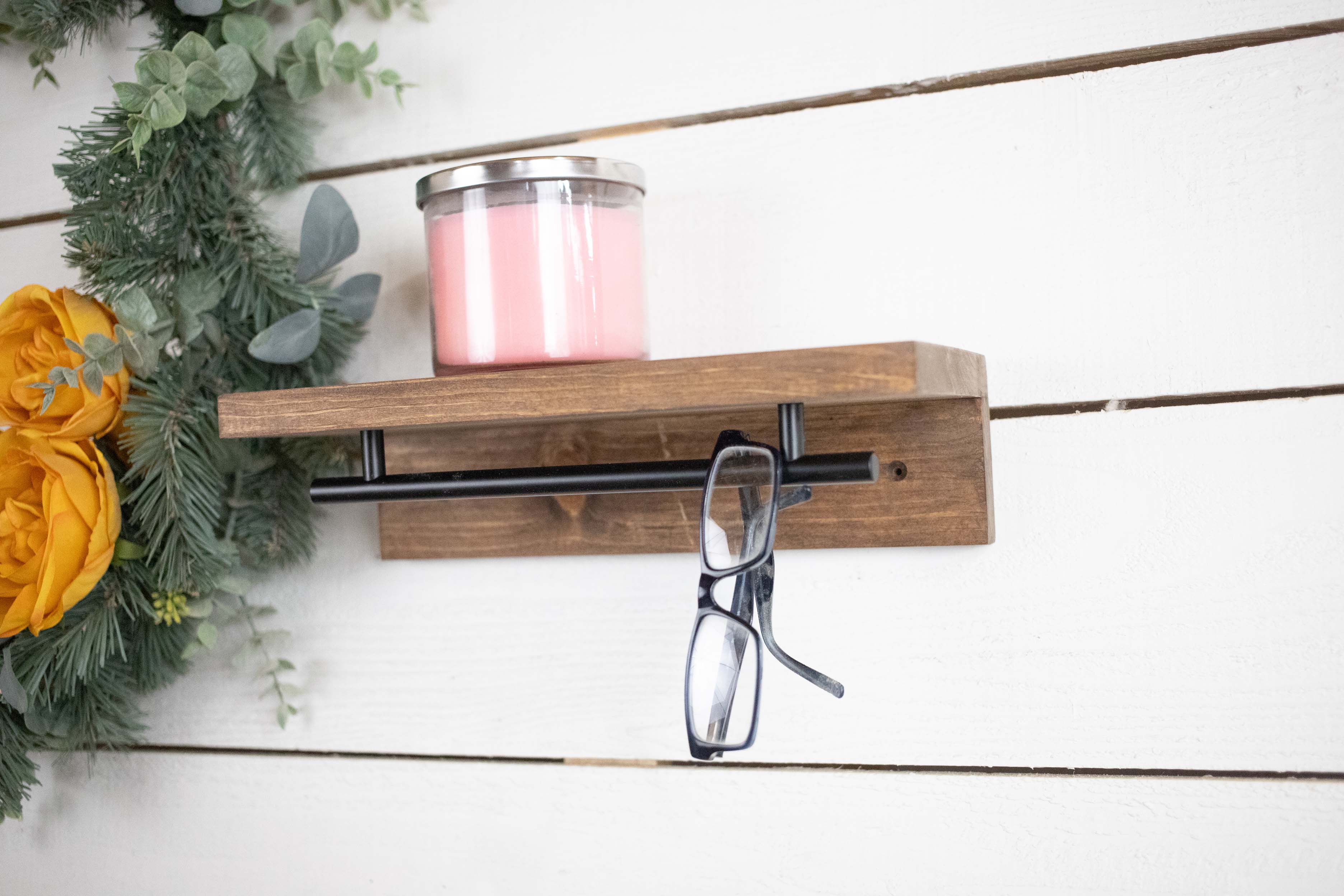 Floating Solid Wood Shelf with Metal Rail, Easy Install Minimalist Shelf with Towel Bar-1