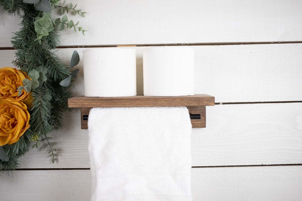 Floating Solid Wood Shelf with Metal Rail, Easy Install Minimalist Shelf with Towel Bar-3