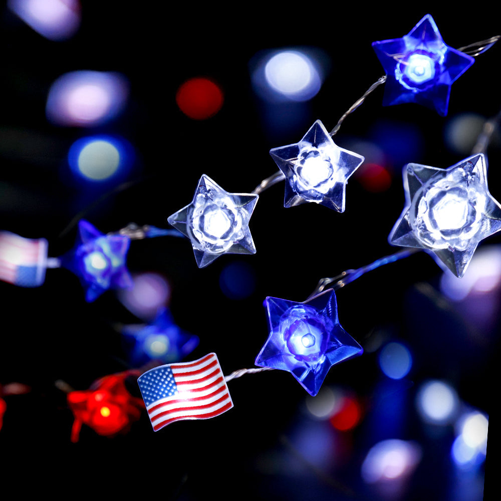 American Flag LED String Lights | Red White & Blue, Battery & USB, Remote Control