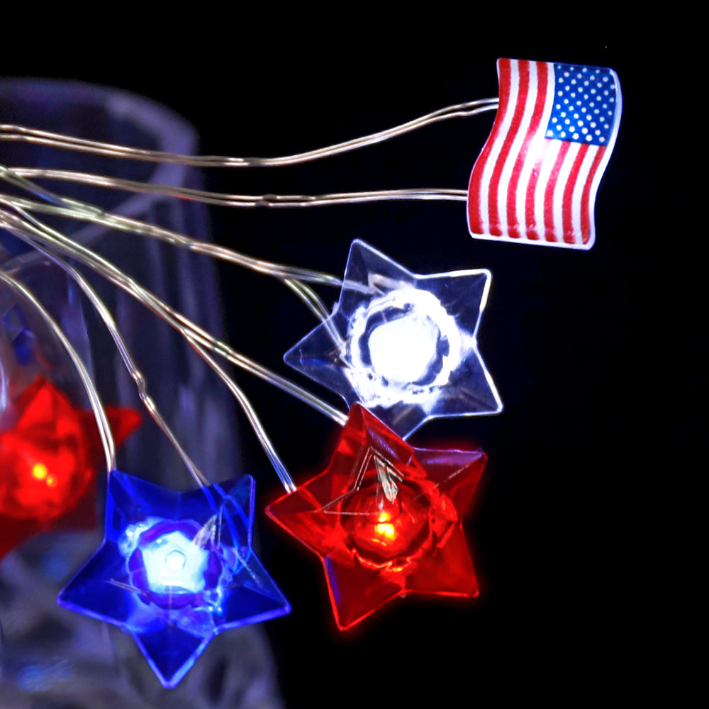 American Flag LED String Lights | Red White & Blue, Battery & USB, Remote Control